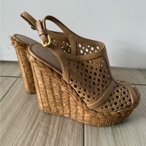 Prada Beige Woven Wedge Sandals